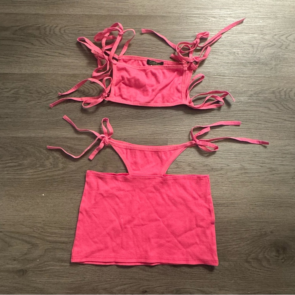 Dolls Kill / Club Exx Hot Pink Ribbed Tie Bra Top & Cut Out Skirt